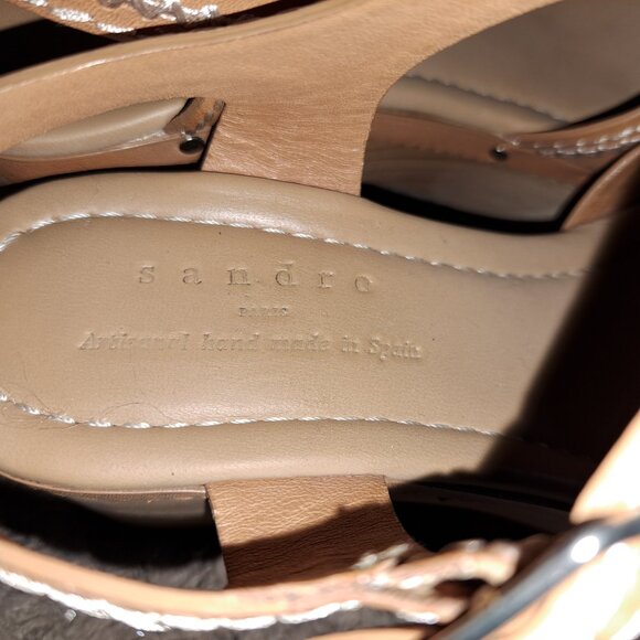 SANDRO-Audrey-Tan Leather-Contrast Stitch-Ankle Strap-Wood Heel-Sz 37/6.5-NM - Picture 7 of 9